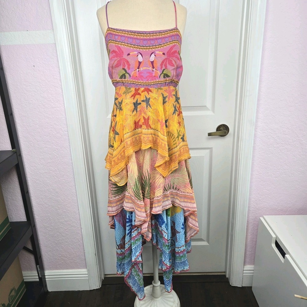 FARM Rio Pink, Yellow & Blue Tiered Midi Dress with Tropical Print